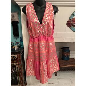 KASIA GREECE PINK & GOLD FOIL METALLIC DEFINED WAIST DRESS